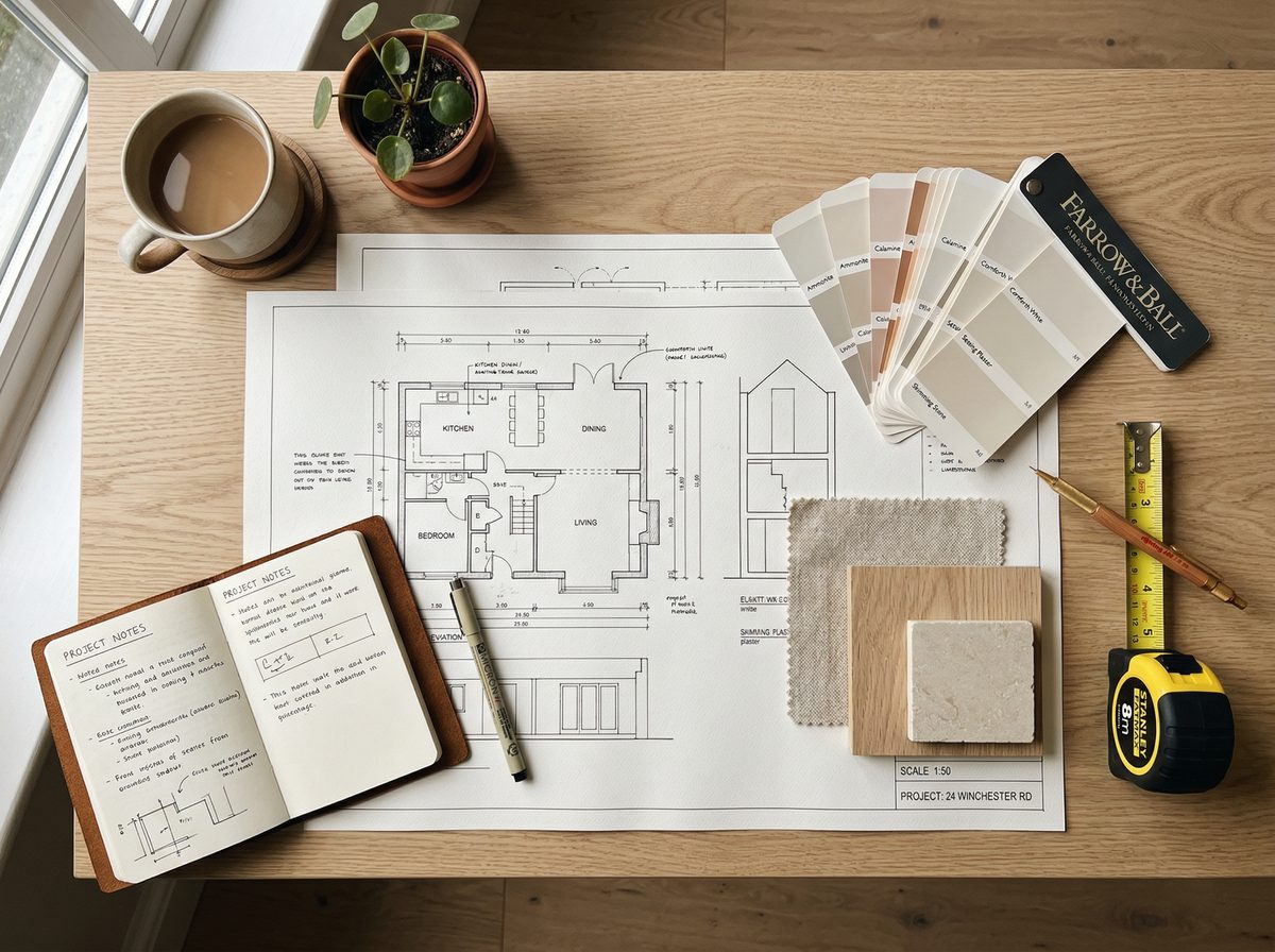 Architectural blueprints and material samples on a desk